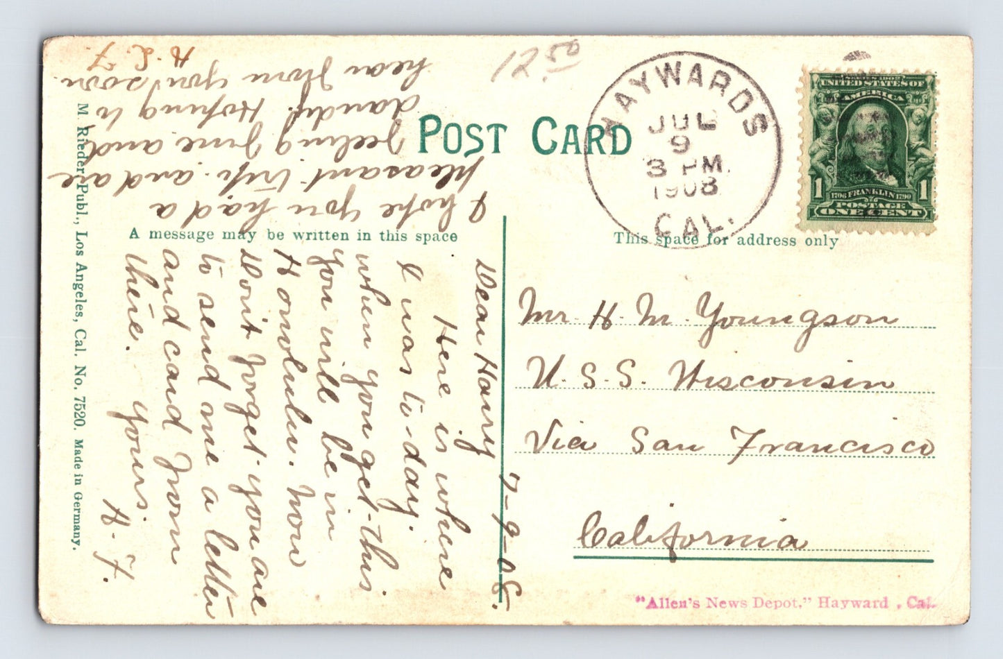 Hayward California Railroad Avenue Almond Trees 1908 Postcard Posted Divided