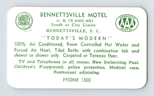 1940s Bennettsville Motel business card from Bennettsville, South Carolina with green text, AAA Approved logo, and Quality Courts emblem