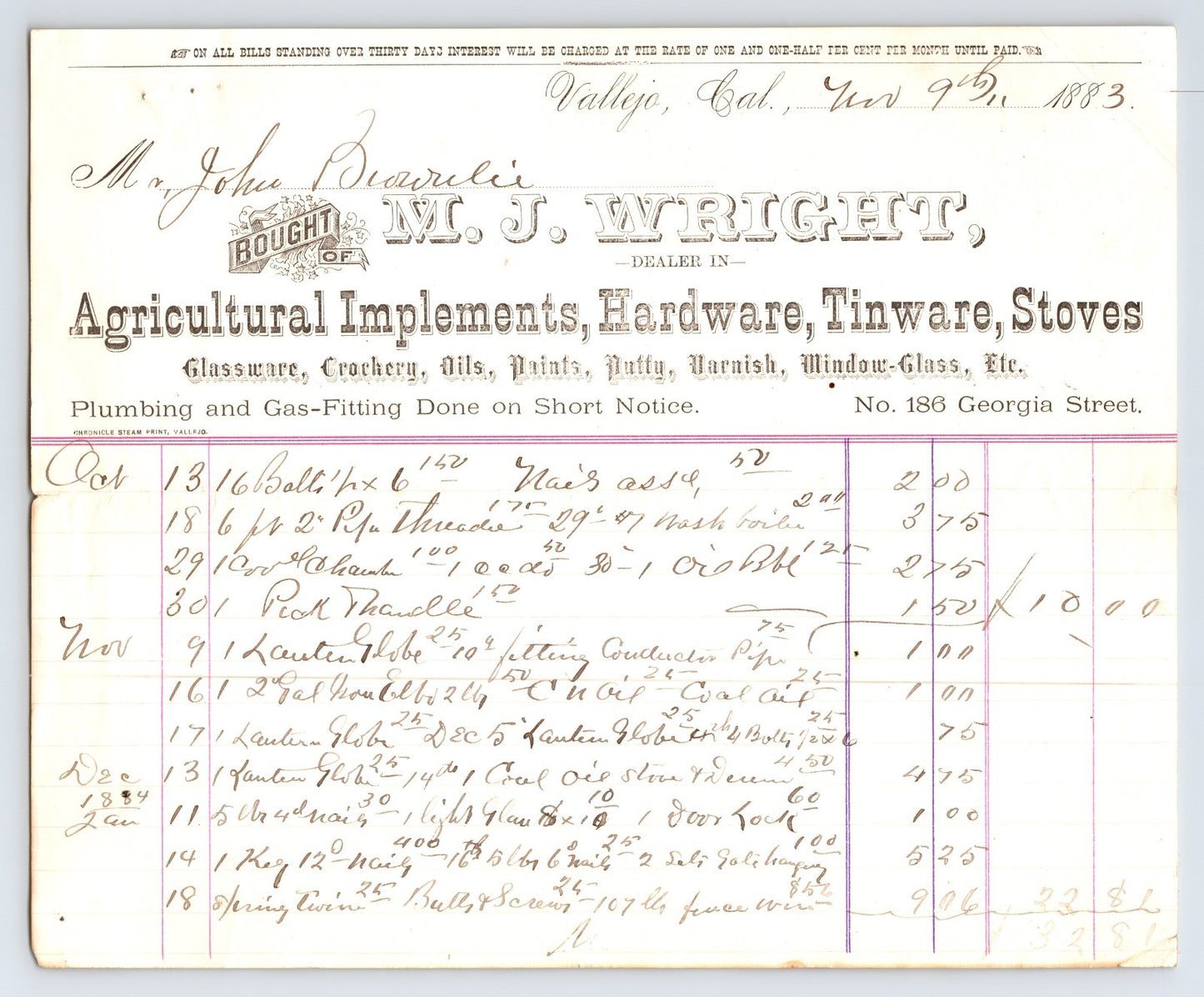 Vallejo California 1883 M J Wright hardware plumbing billhead handwritten ledger agricultural implements store document