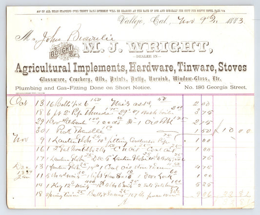 Vallejo California 1883 M J Wright hardware plumbing billhead handwritten ledger agricultural implements store document