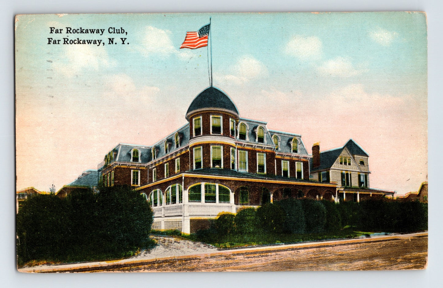 Far Rockaway Club building Long Island New York 1914 postcard grand seaside clubhouse American flag