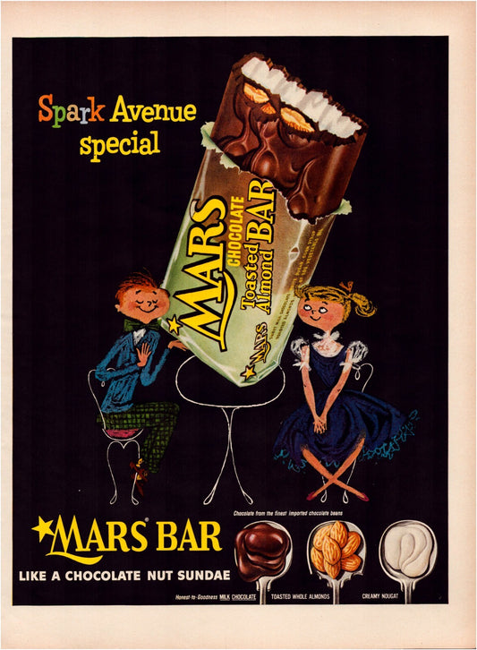 Mars Bar 1954 print ad Spark Avenue Special chocolate almond candy illustration