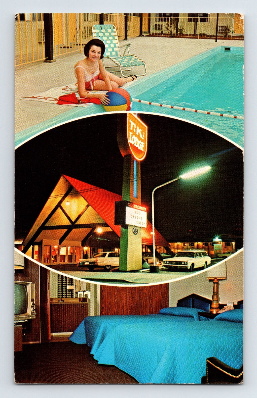 Spokane Washington Tiki Lodge Motel pool night sign room interior chrome postcard
