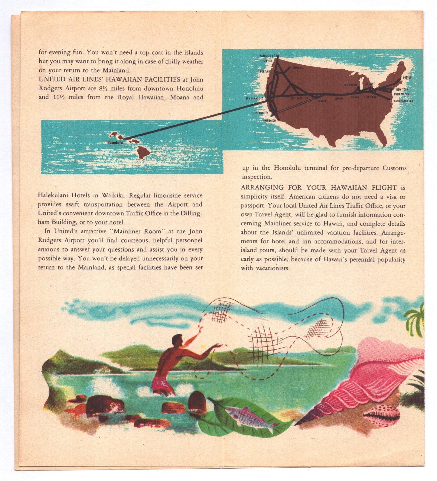 United Airlines 1950s Hawaii Tiki MCM System Time Table Brochure