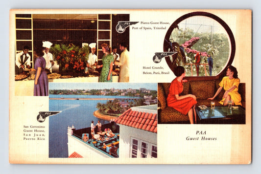 Pan American Airways PAA Guest Houses linen postcard featuring airline hospitality scenes in Trinidad, Brazil, and Puerto Rico.