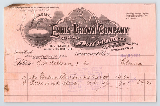 Sacramento California 1915 Ennis Brown Company fruit produce billhead with decorative header potatoes onions beans and handwritten transaction entries