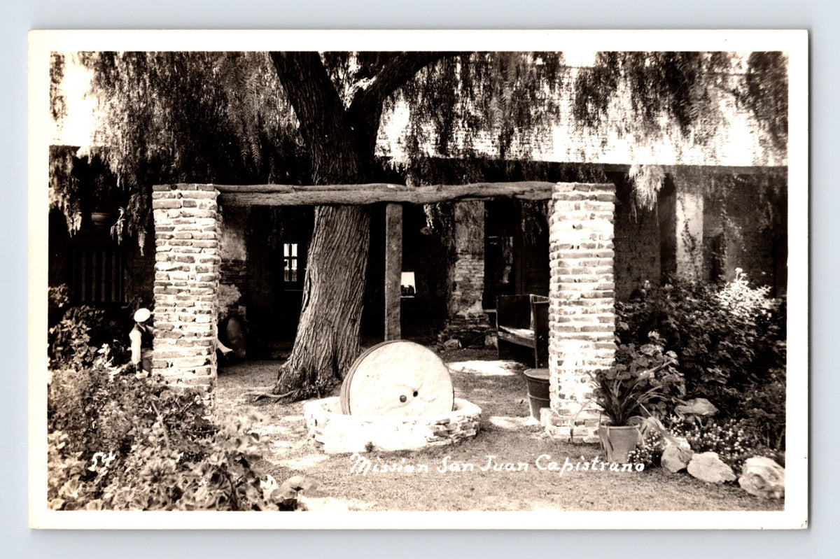 San Juan Capistrano California mission courtyard stone columns real photo postcard
