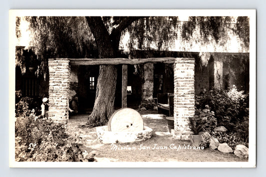 San Juan Capistrano California mission courtyard stone columns real photo postcard
