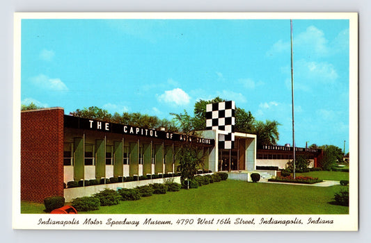 Indianapolis Indiana Motor Speedway Museum building Indy 500 checkered facade 1960s postcard
