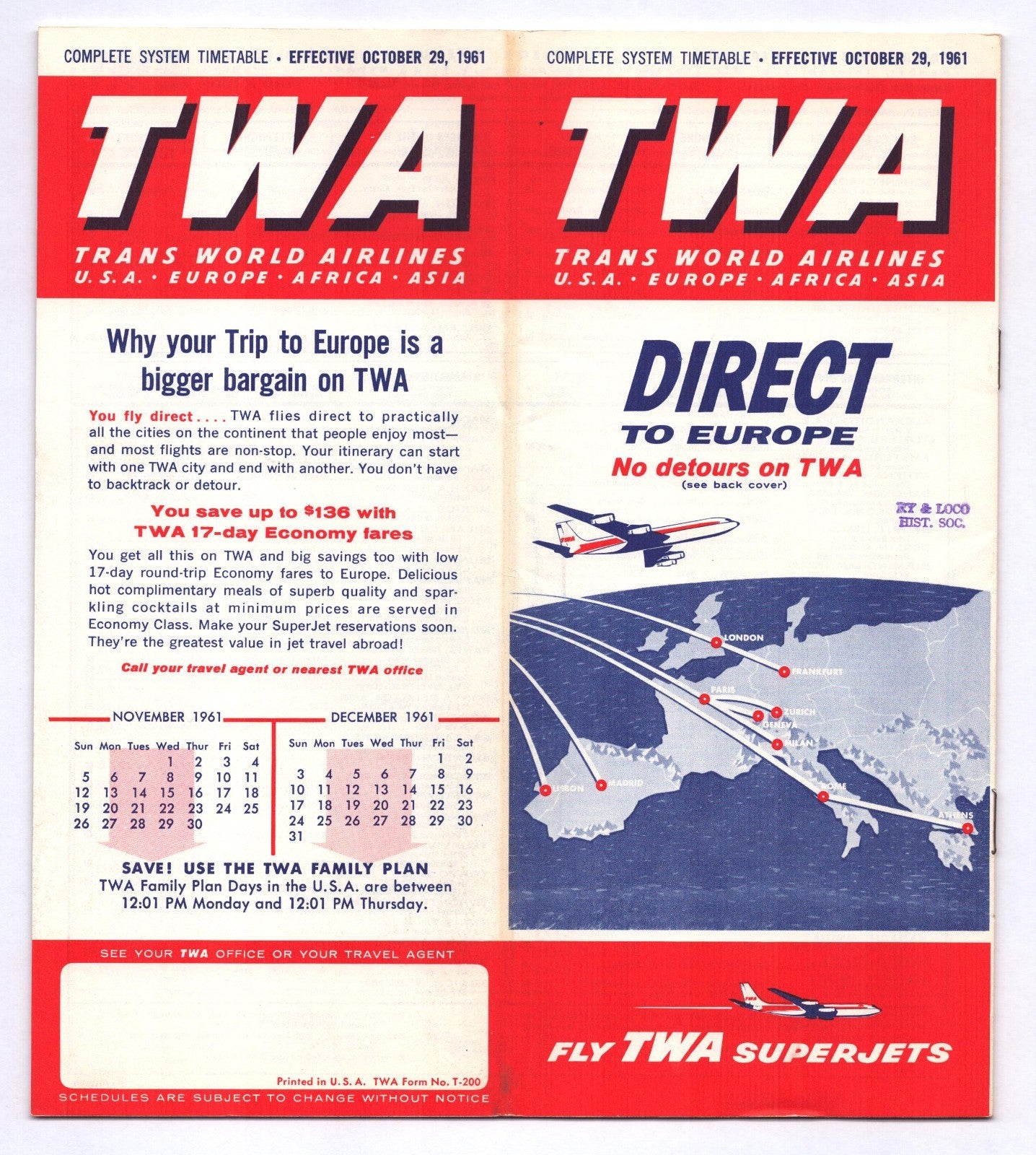 TWA Trans World Airlines 1961 Direct to Europe system timetable booklet