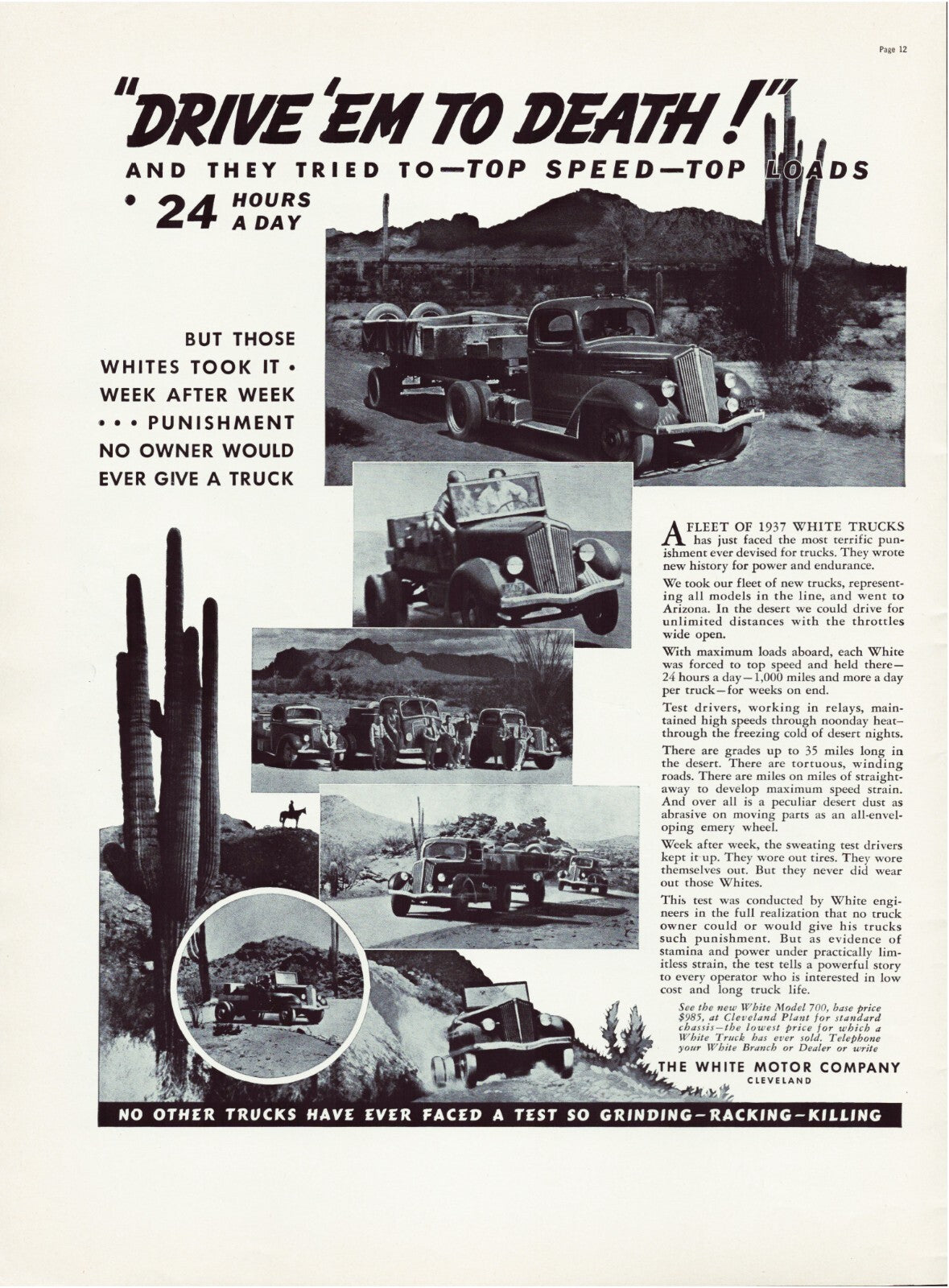 White Motor Company 1937 trucks desert testing convoy cactus vintage print ad