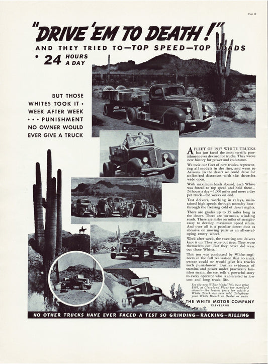 White Motor Company 1937 trucks desert testing convoy cactus vintage print ad