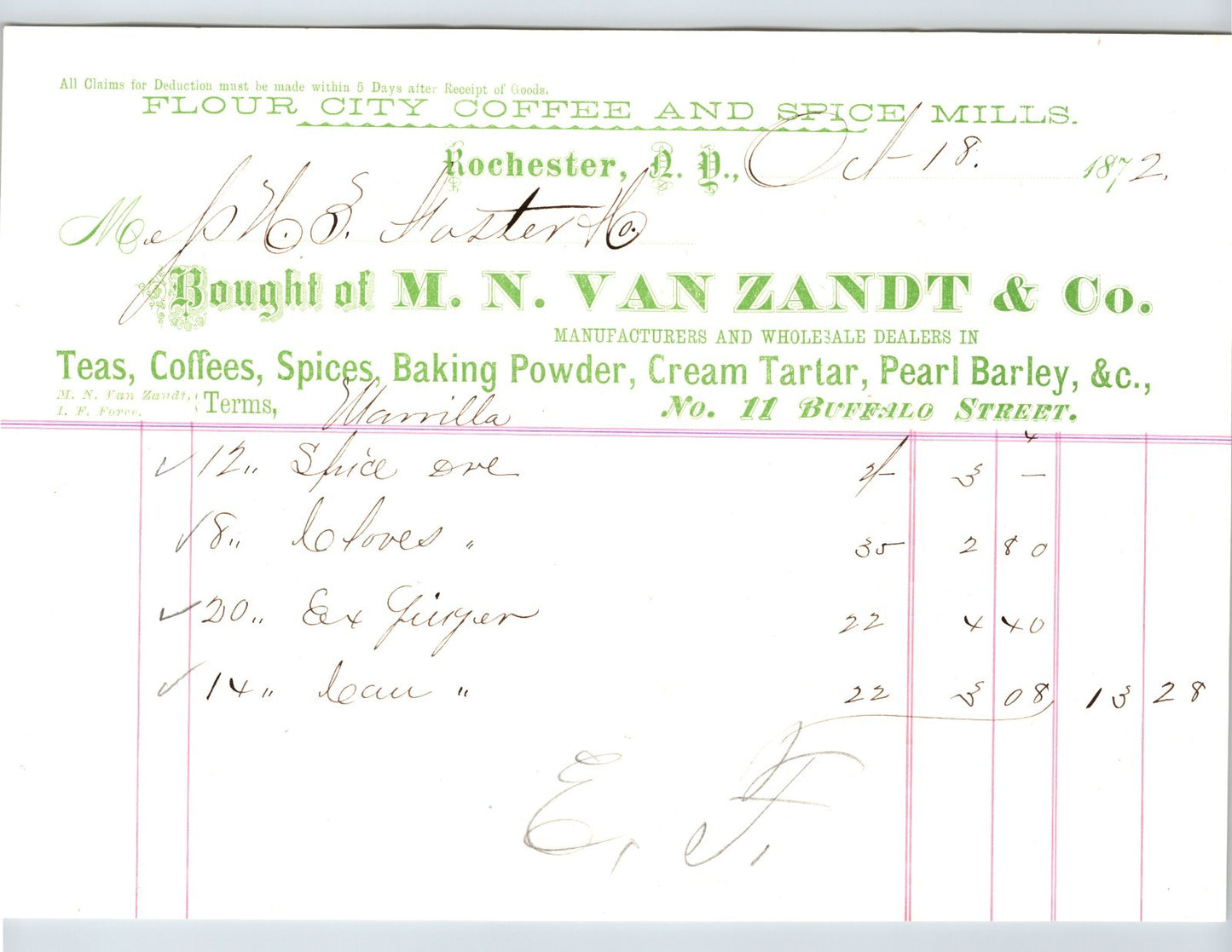 Rochester New York 1872 M.N. Van Zandt Tea Coffee Spice Billhead - 8.5 x 6