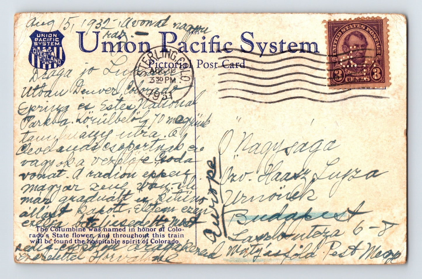 Union Pacific Columbine Lounge Club Car Railroad Train 1931 Postcard Posted