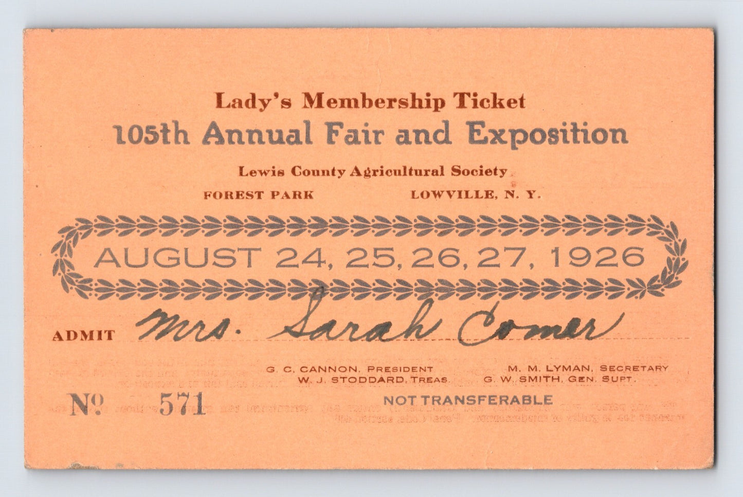 Vintage ticket for 105th Annual Fair and Exposition Lowville New York 1926 issued to Mrs Sarah Comer