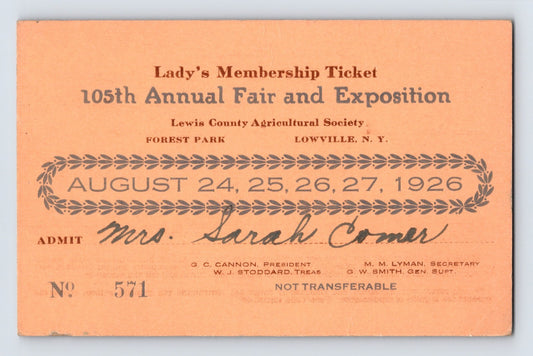 Vintage ticket for 105th Annual Fair and Exposition Lowville New York 1926 issued to Mrs Sarah Comer