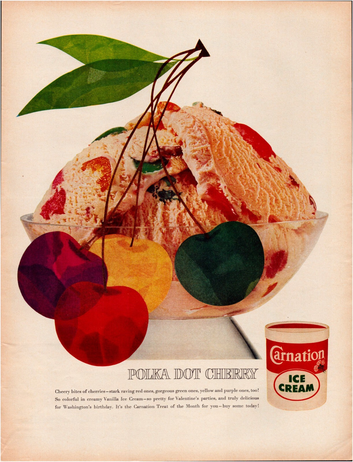Carnation ice cream polka dot cherry sundae bowl colorful cherries 1950s print ad