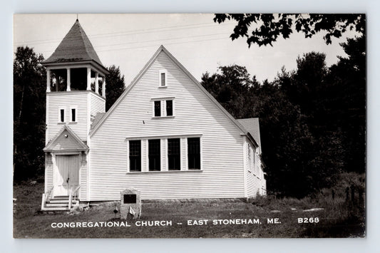 East Stoneham Maine Congregational Church white clapboard steeple 1950s RPPC postcard