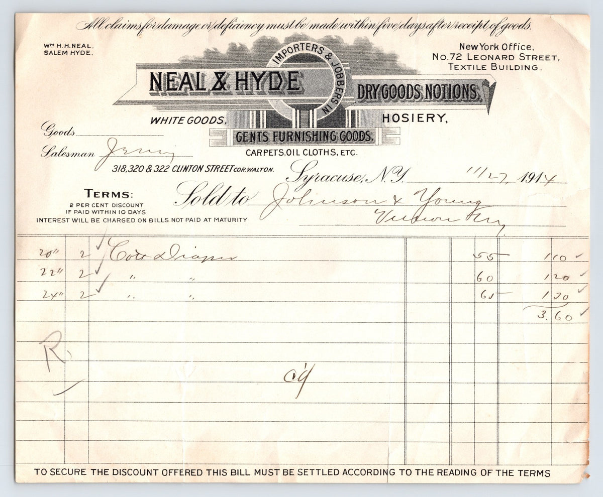Syracuse New York Neal Hyde Dry Goods Hosiery 1914 billhead invoice