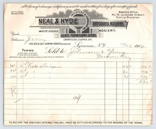 Syracuse New York Neal Hyde Dry Goods Hosiery 1914 billhead invoice