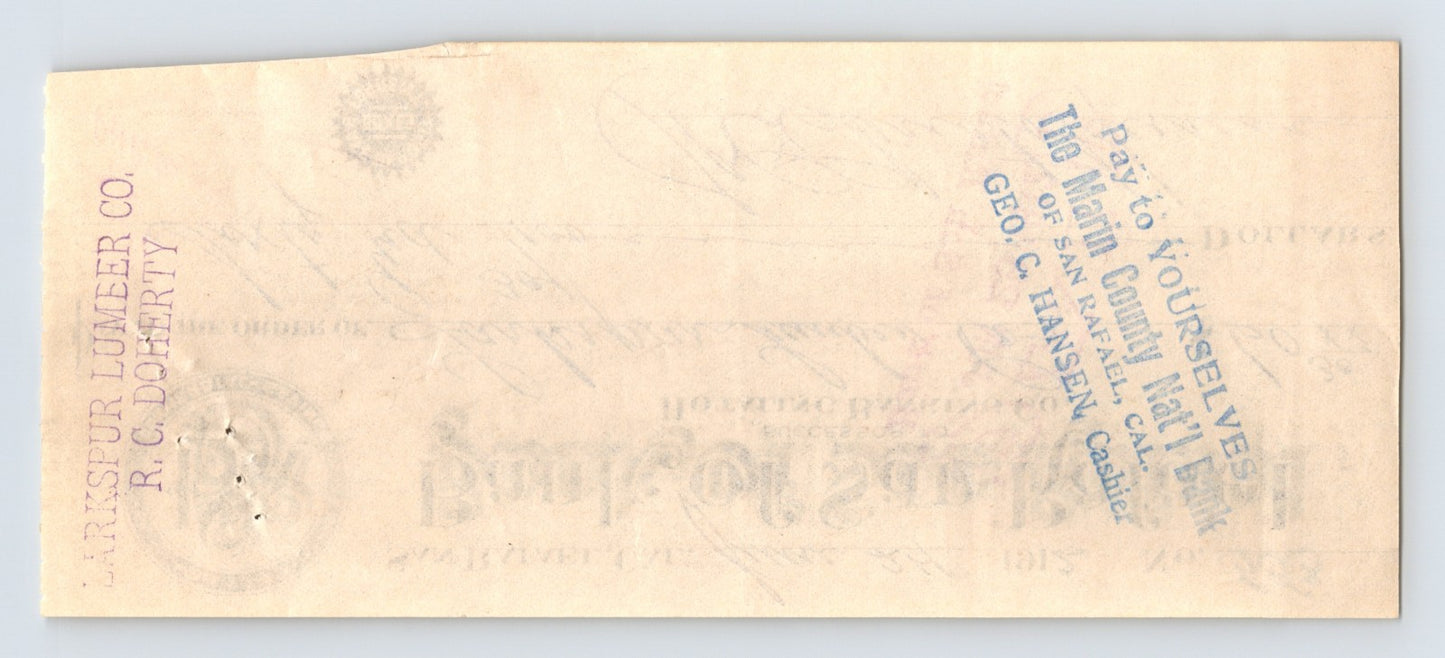 San Rafael California 1912 Bank of San Rafael Money Order Larkspur Lumber 2.75 x 5.25