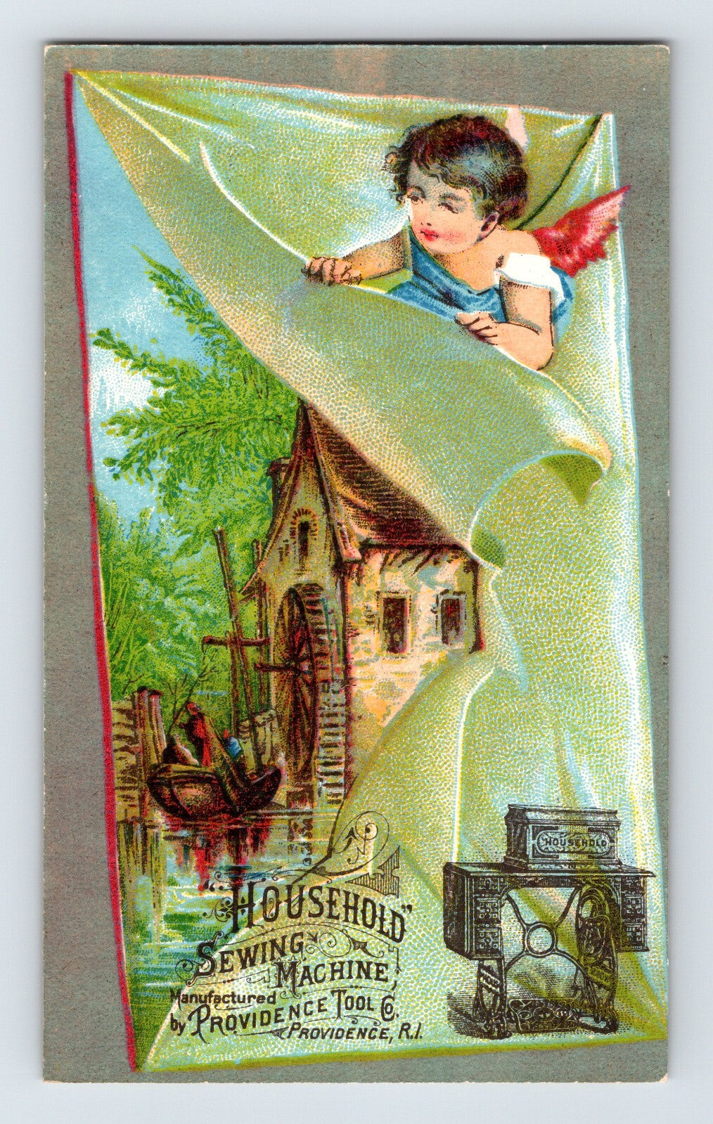 Household Sewing Machine Victorian trade card angel Providence Rhode Island sewing machine advertising 1890s