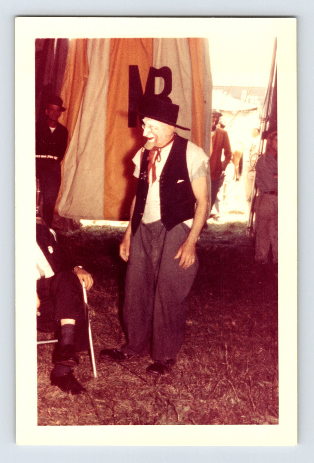 Mills Bros Circus 1960s clown performer backstage near tent entrance photograph