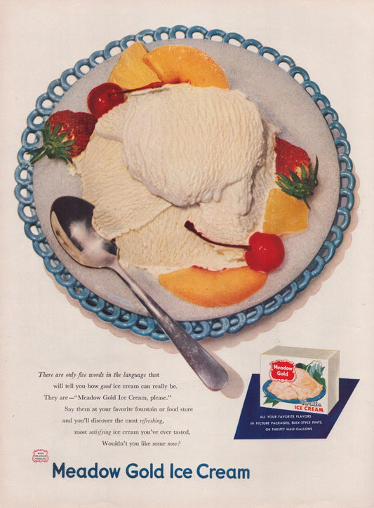 Meadow Gold Ice Cream 1952 vanilla ice cream bowl strawberries oranges print advertisement