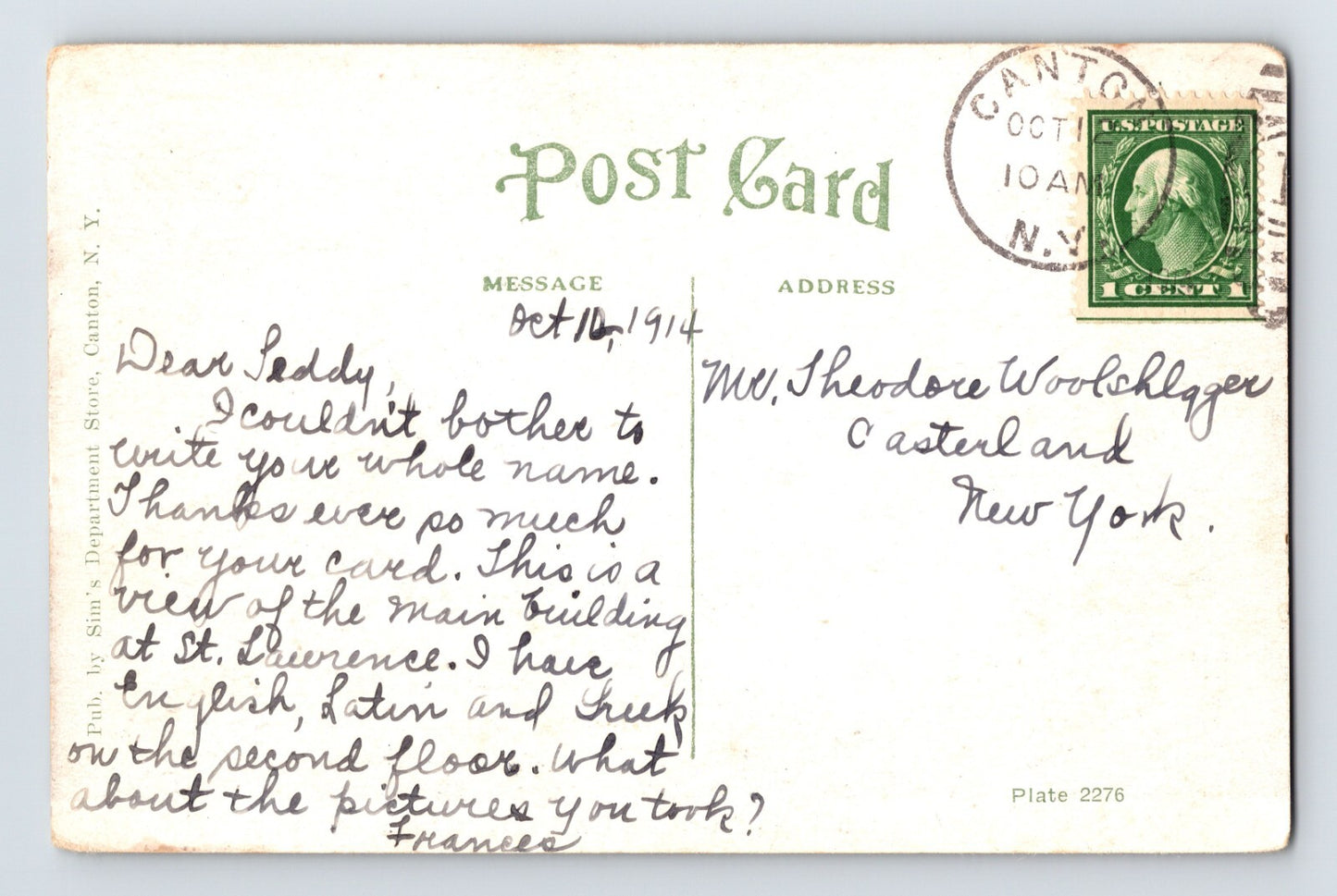 Canton New York St Lawrence University Richardson Hall 1914 Postcard Posted