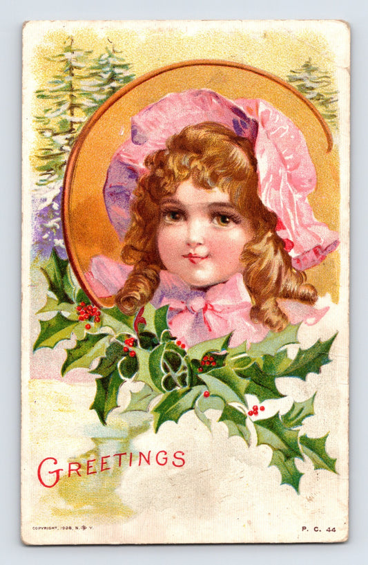 Girl portrait with holly berries winter background 1908 Christmas postcard