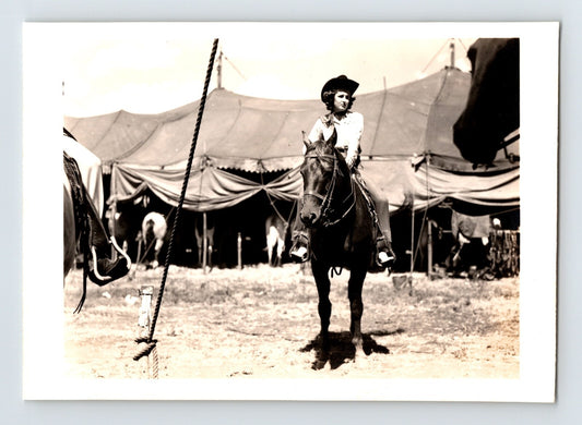 Cole Bros Circus cowgirl on horseback in front of big top tent Grand Island Nebraska 1944