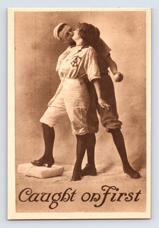 Baseball themed romantic postcard couple kissing caught on first base scene