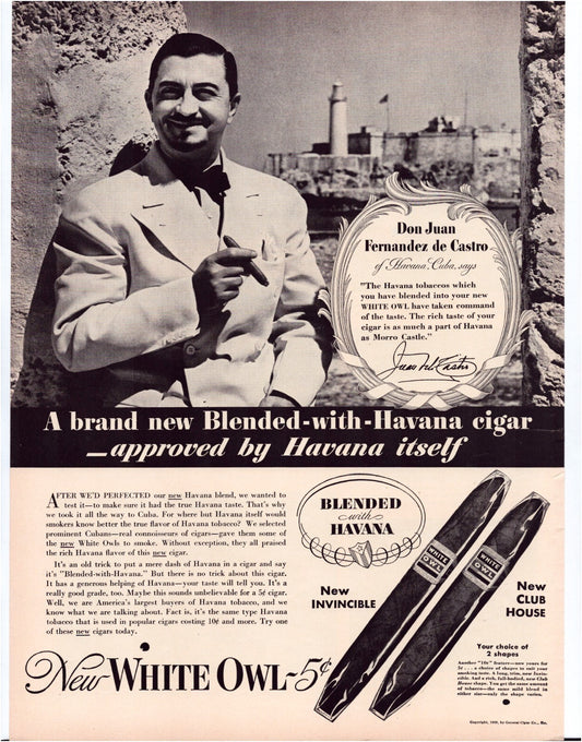 White Owl cigars 1939 print ad featuring Don Juan Fernandez de Castro portrait with Havana cigar promotion and product illustrations