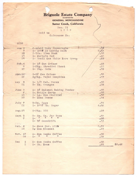 Sutter Creek California Brignole Estate Company general merchandise billhead 1939 store ledger invoice