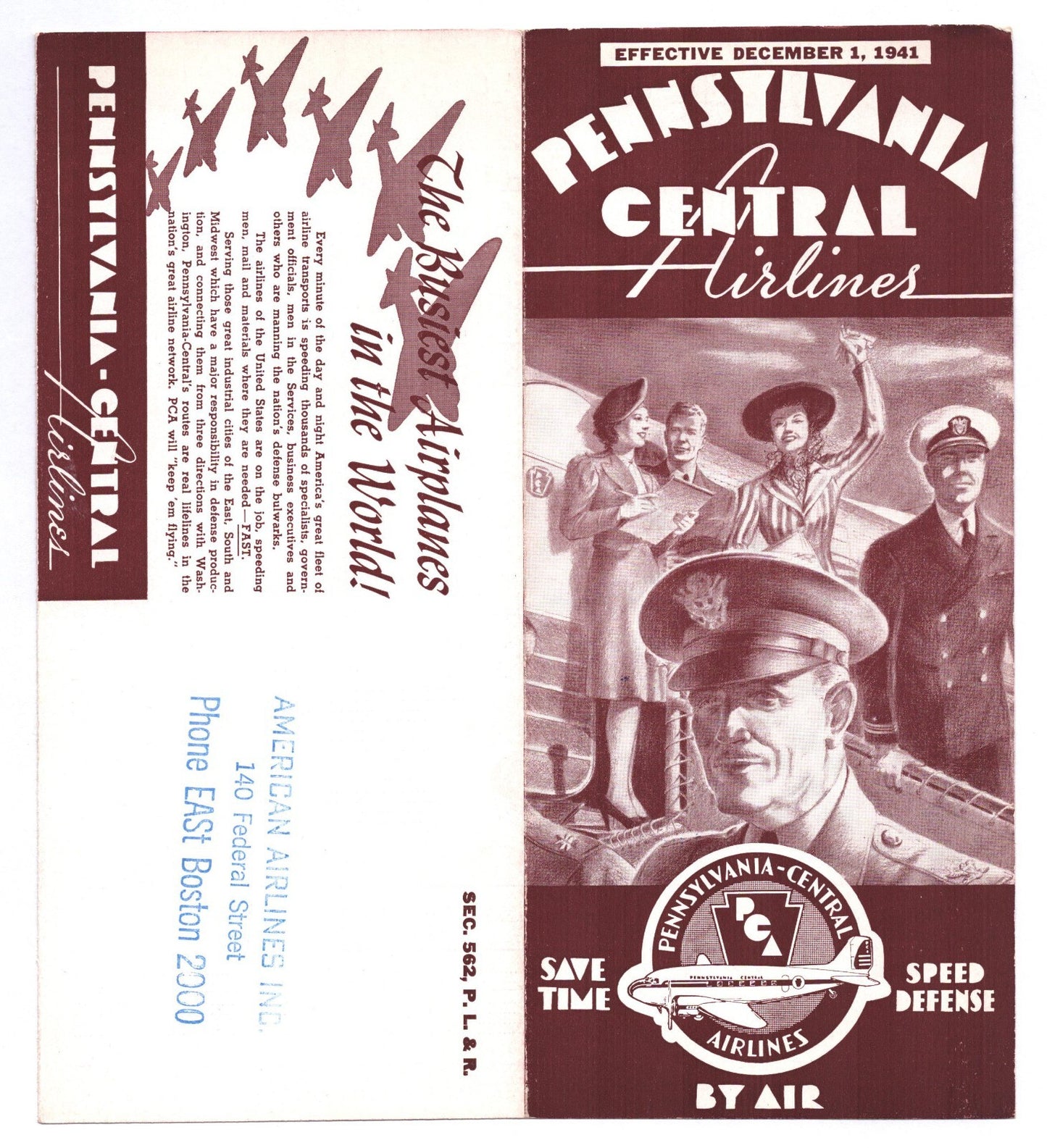 1941 Pennsylvania Central Airlines system timetable brochure with maroon cover, uniformed pilot and passengers, and Save Time Speed Defense By Air slogan