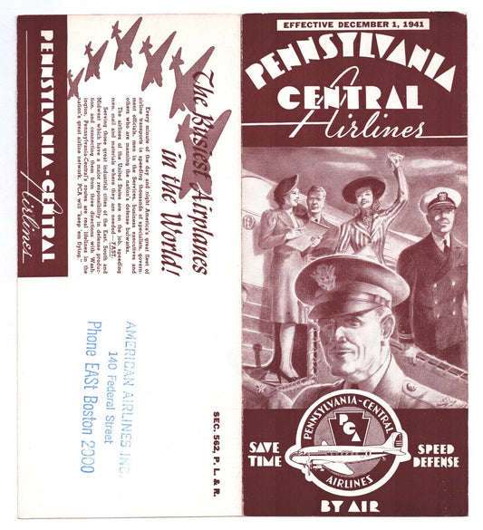 1941 Pennsylvania Central Airlines system timetable brochure with maroon cover, uniformed pilot and passengers, and Save Time Speed Defense By Air slogan
