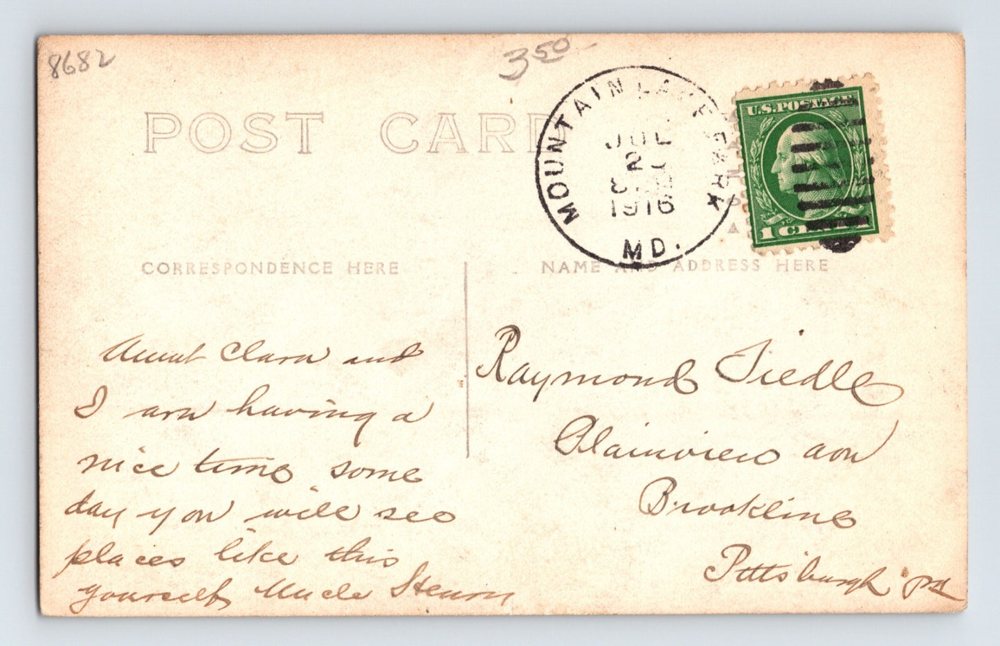 Allegheny Mountains Maryland Railroad Train 1916 RPPC Postcard Posted Divided Back