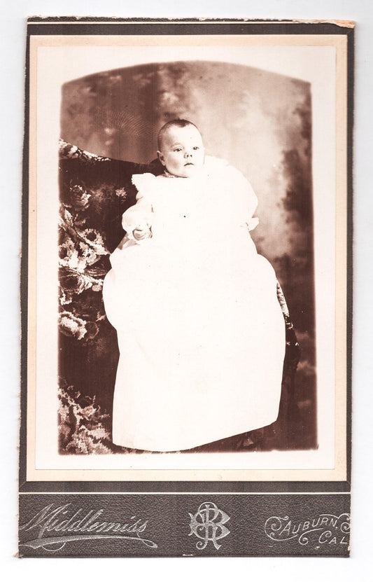 Auburn California studio portrait baby in long white gown Middlemiss photographer 1910s cabinet photo