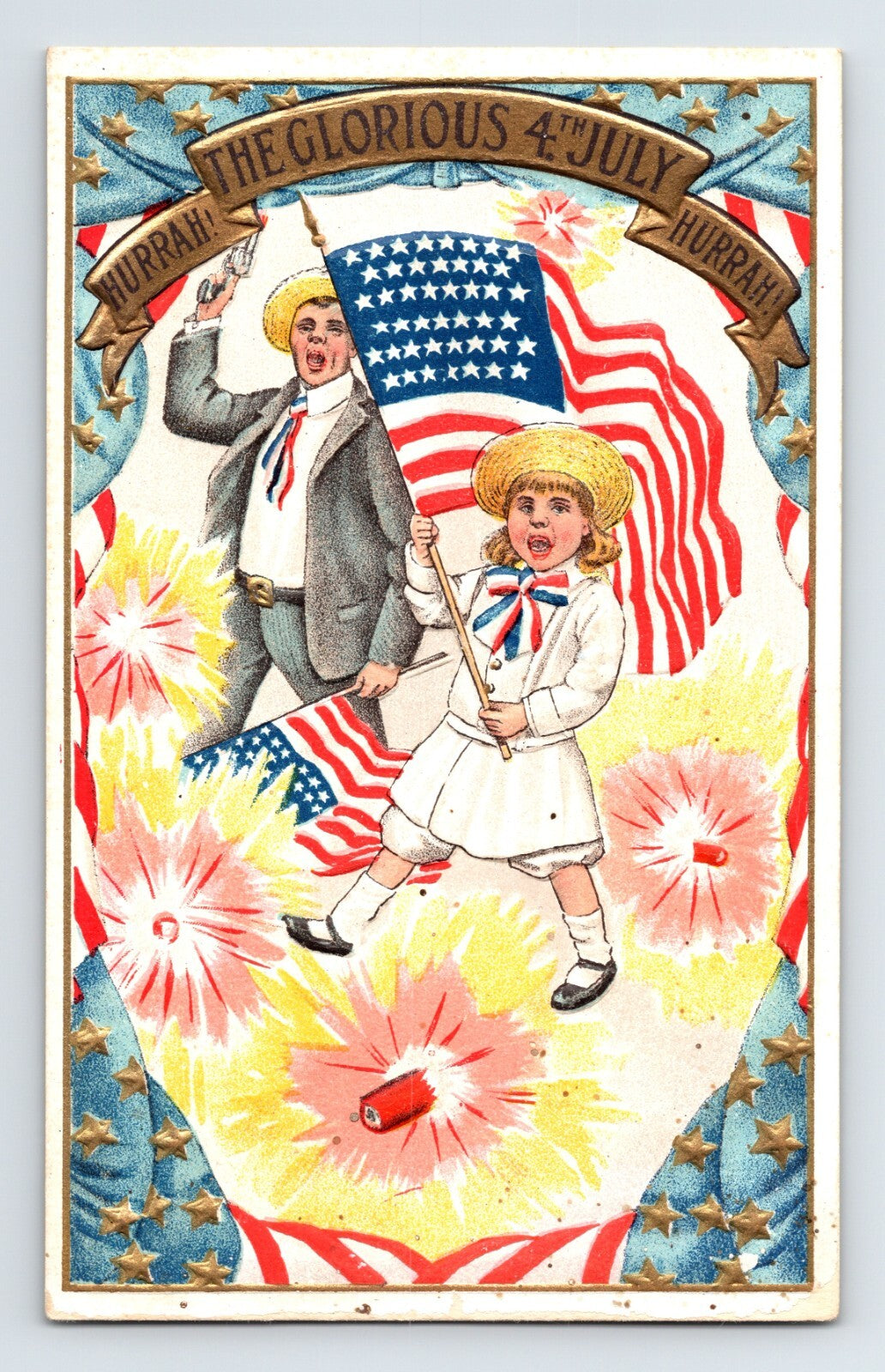 July Fourth patriotic postcard girl boy American flag firecrackers pre 1907 undivided back
