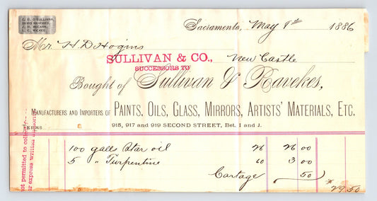 Sacramento California 1886 Sullivan Co Paints Oils Glass Billhead 8 x 4.5