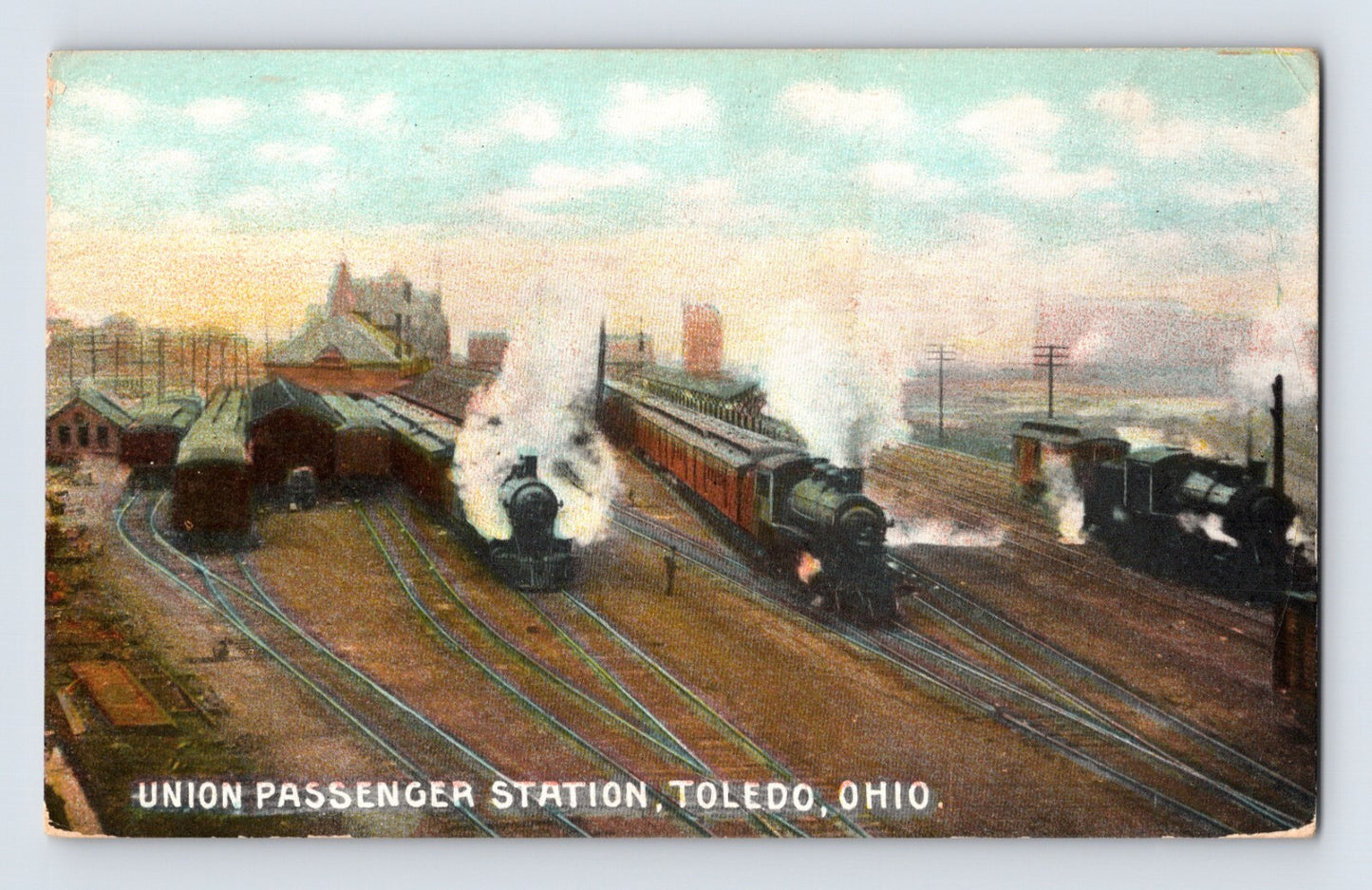 Toledo Ohio Union Passenger Station steam trains rail yard 1910s postcard