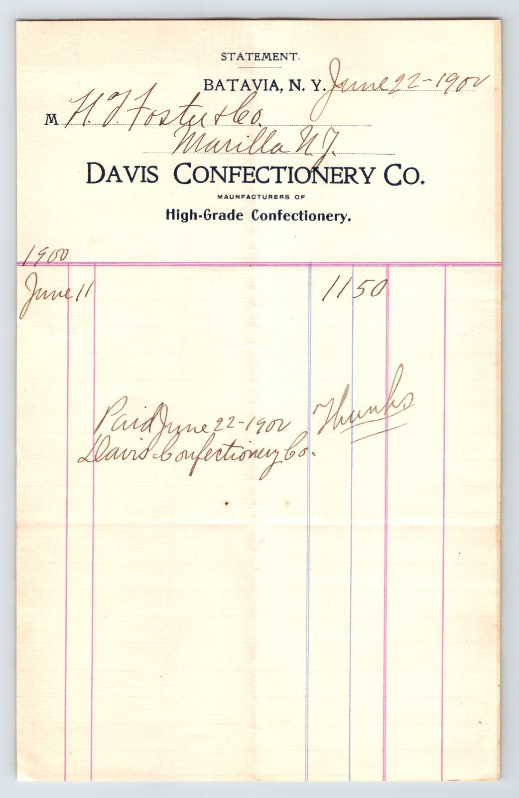 Batavia New York Davis Confectionery Company 1900 billhead ledger statement