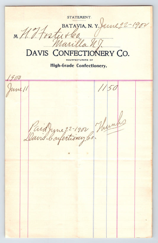 Batavia New York Davis Confectionery Company 1900 billhead ledger statement