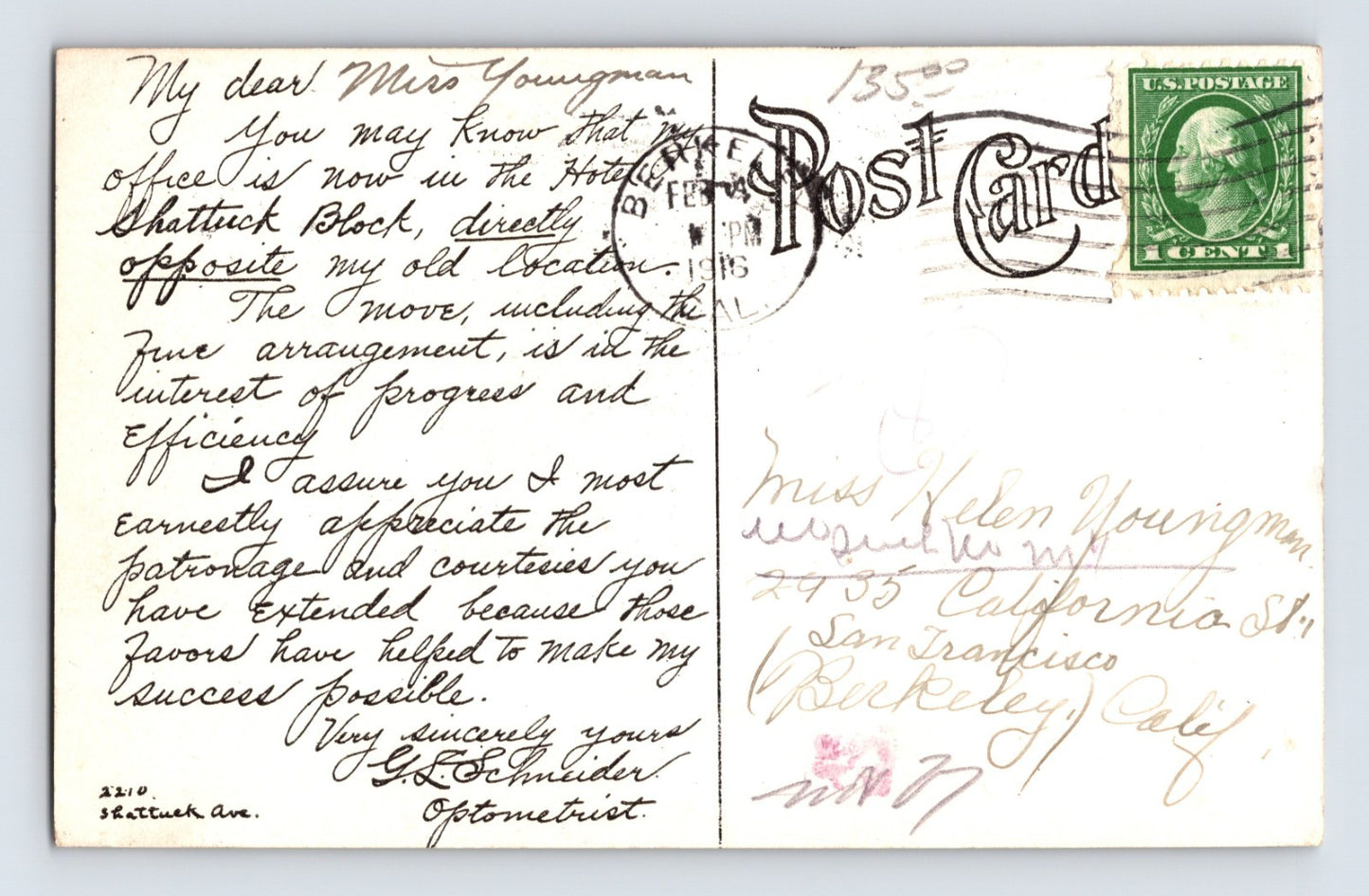 Berkeley California G.L. Schneider Optometry 2210 Shattuck 1916 Postcard RPPC