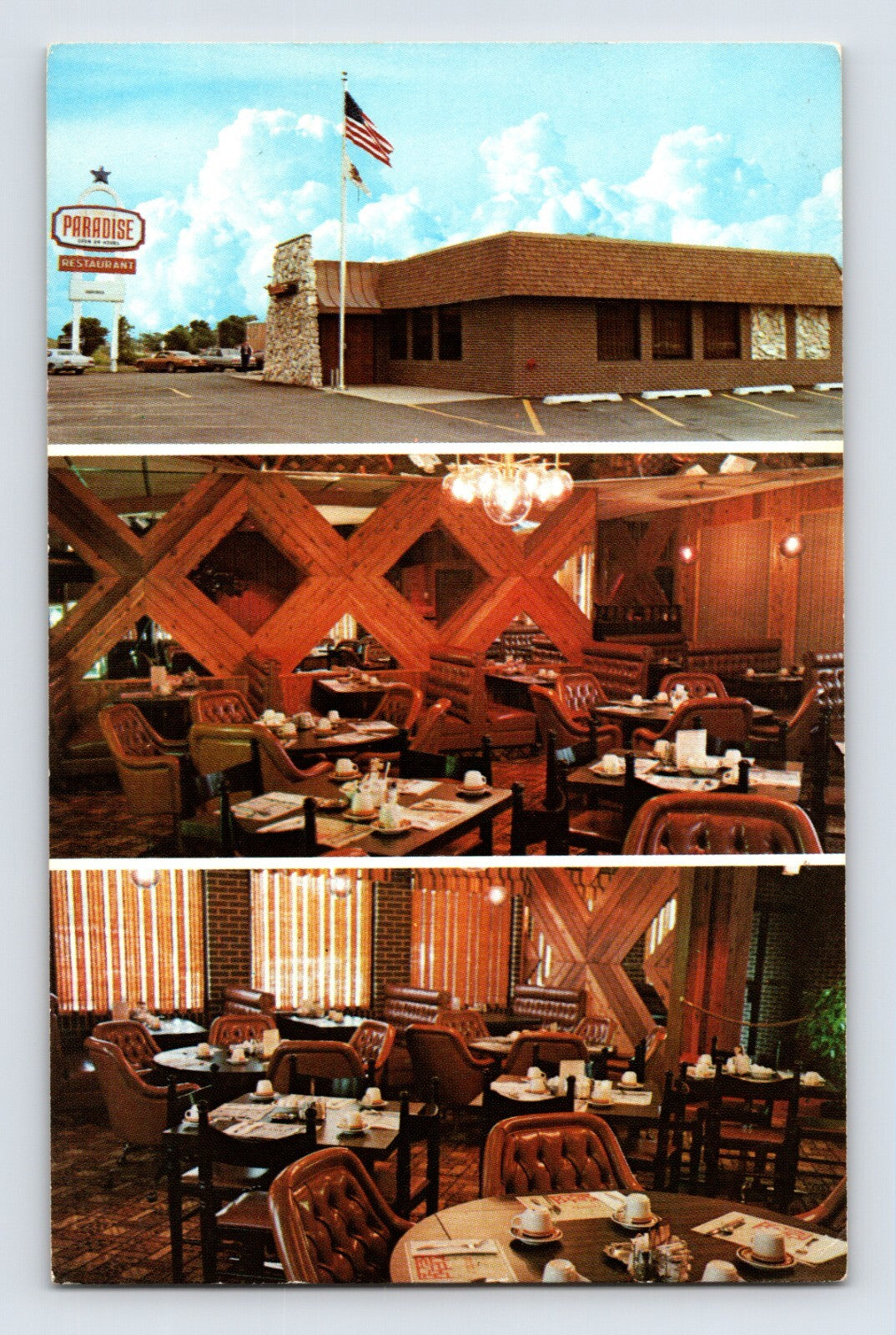 Bridgeview Illinois Paradise Restaurant exterior interior dining room 1970s chrome postcard