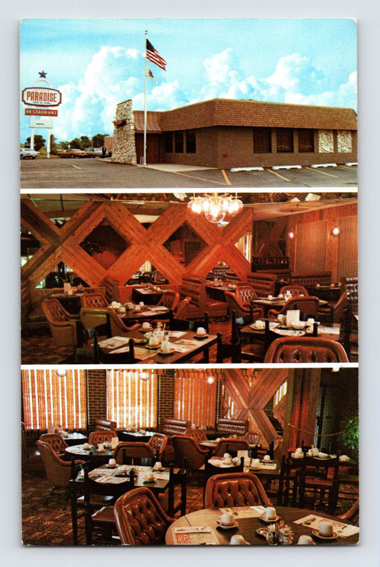 Bridgeview Illinois Paradise Restaurant exterior interior dining room 1970s chrome postcard