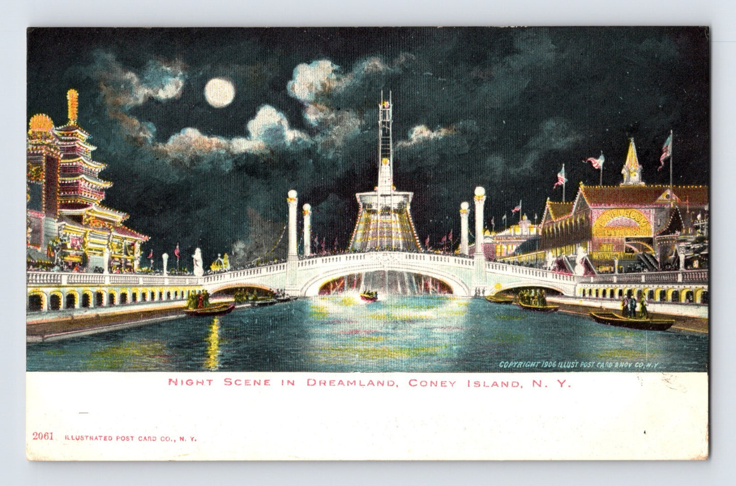 1908 New York City Coney Island Dreamland night scene full moon amusement park postcard posted archival image