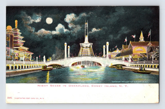 1908 New York City Coney Island Dreamland night scene full moon amusement park postcard posted archival image