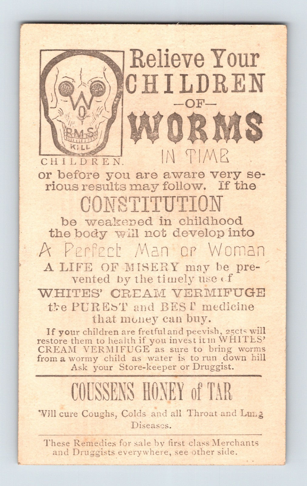 Honey of Tar Whites Cream Vermifuge Quack 1890s Victorian Trade Card 2.5 x 4