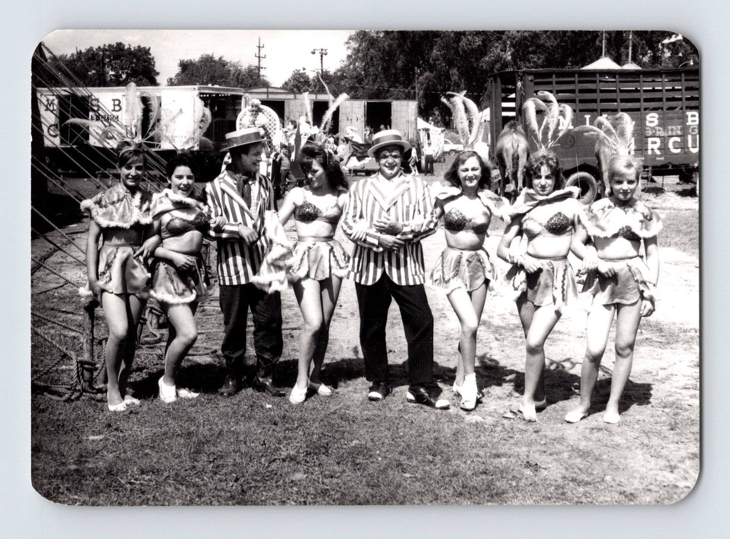 Mills Bros Circus 1940s showgirls and performers posing together on circus grounds photograph